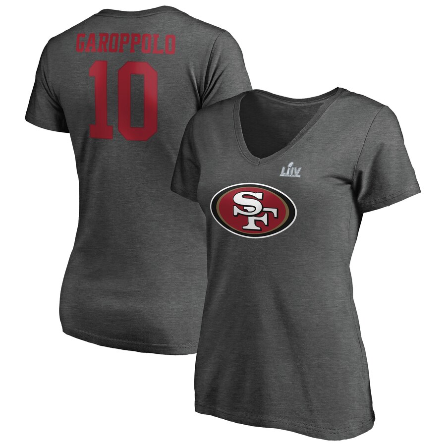 Women's San Francisco 49ers #10 Jimmy Garoppolo NFL Charcoal Super Bowl LIV Bound Halfback Player Name & Number V-Neck T-Shirt